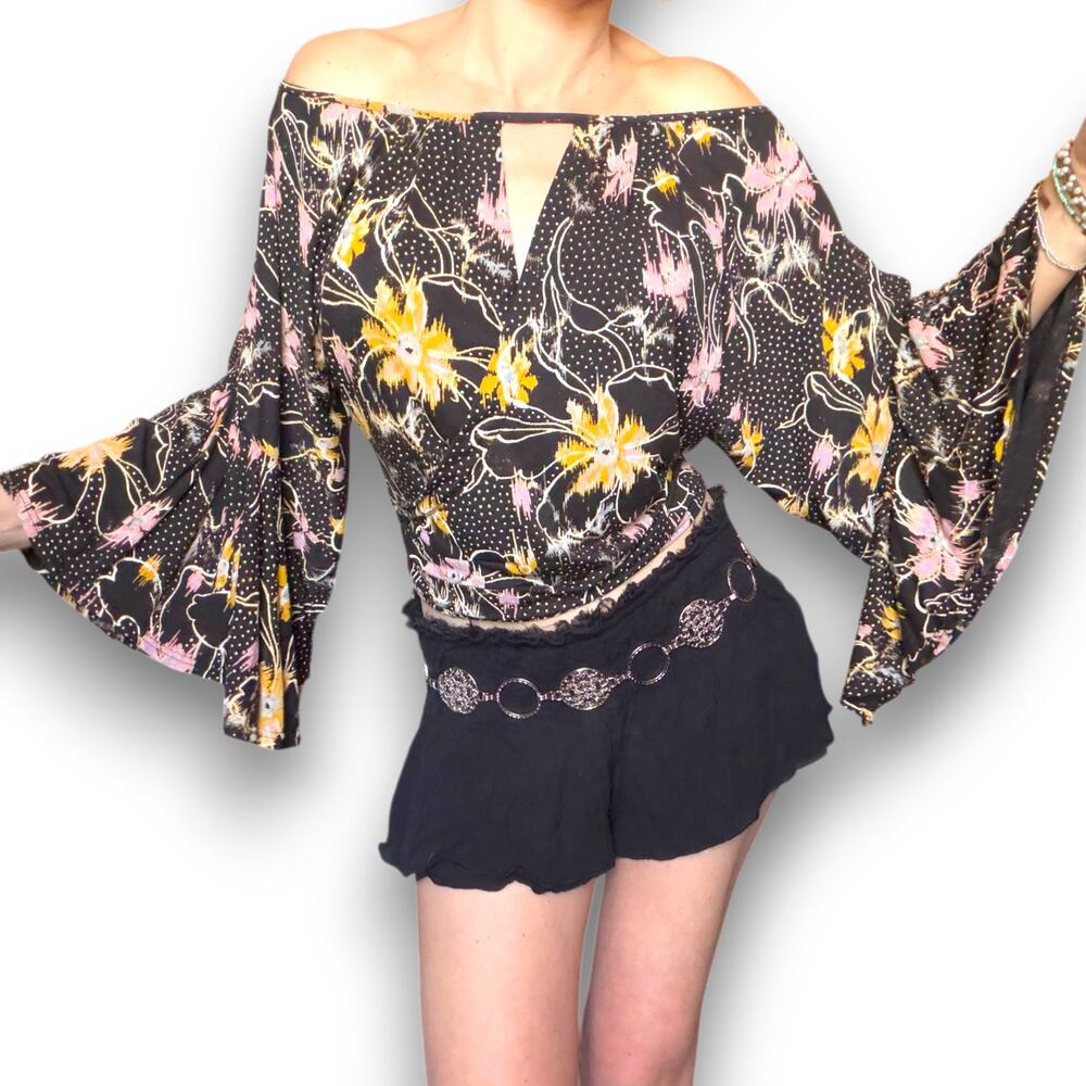 Free People Floral Bell Sleeve Top - Boho Goddess - Off Shoulder Fairy Blouse